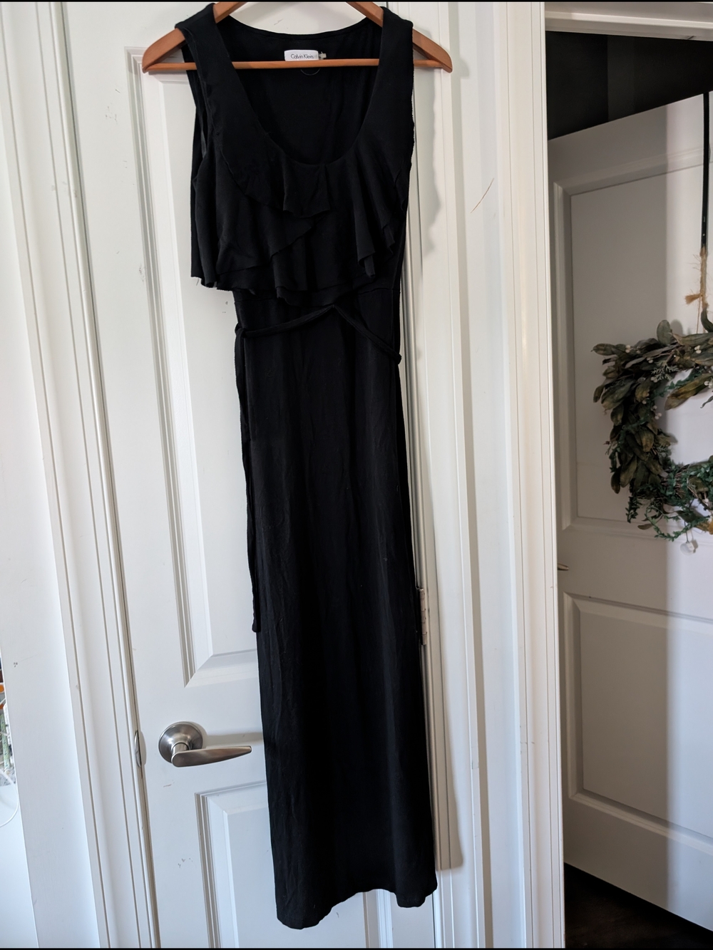 Calvin Klein Black Sleeveless Ruffle Maxi Dress Size 12 W Stretch - Picture 4 of 7
